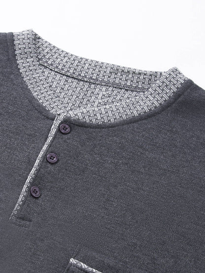 Pigiama invernale da uomo in pile, pigiama casual in poliestere lavorato a maglia, manica lunga, scollo Henley, motivo geometrico, vestibilità comoda, abbigliamento da notte per uso domestico