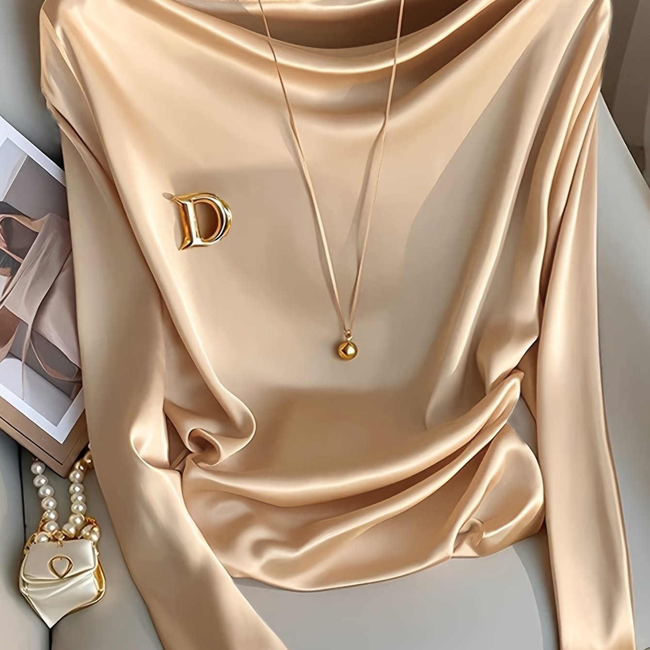 Maglietta elegante a maniche lunghe da donna - Colore solido, vestibilità slim, scollo a giro, poliestere, perfetta per feste, appuntamenti e lavoro, top elegante per tutti i giorni|Top a maniche lunghe e sottili|Tessuto in poliestere