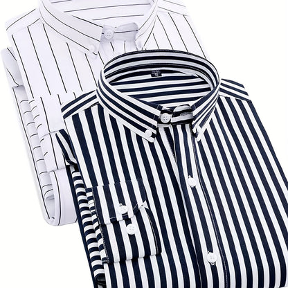 1+1pz Camicia Uomo a Righe con Maniche Lunghe - Colletto Casual, Tessuto Leggero, Ideale per Vacanze al Mare, Appuntamenti e Regali, Top Classico a Righe