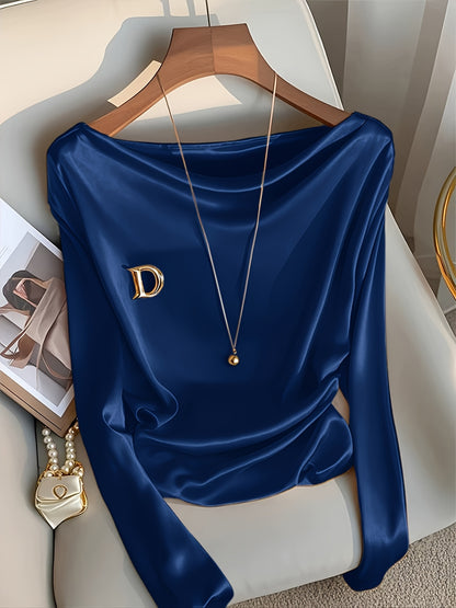 Maglietta elegante a maniche lunghe da donna - Colore solido, vestibilità slim, scollo a giro, poliestere, perfetta per feste, appuntamenti e lavoro, top elegante per tutti i giorni|Top a maniche lunghe e sottili|Tessuto in poliestere