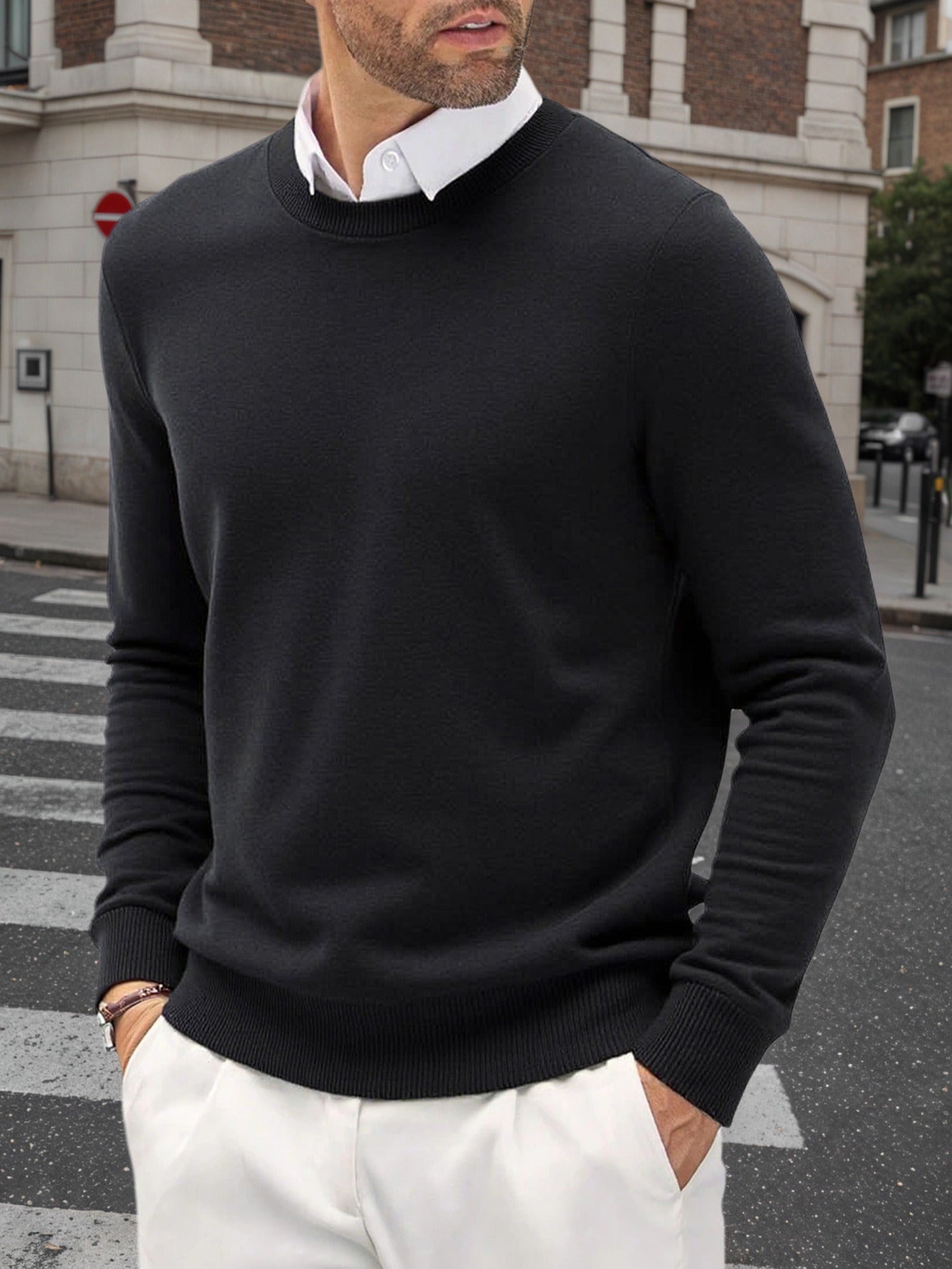 Maglione a maglia stretch slim fit per uomo - Pullover caldo slim fit per autunno e inverno, maglieria casual a collo tondo con coste, colore solido, 440 g/m², perfetto per il Ringraziamento