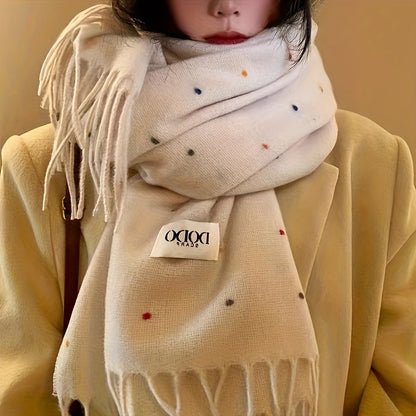 Sciarpa Donna Retro Beige e Bianca - Scialle Elastico, Accessorio Invernale Antivento, Morbida Sciarpa Collo in Poliestere per Look Casual e Serali (Lavaggio a Mano/Lavaggio a Secco) - Puntini Bianco Crema, Scialle Beige Versatile