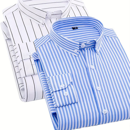 1+1pz Camicia Uomo a Righe con Maniche Lunghe - Colletto Casual, Tessuto Leggero, Ideale per Vacanze al Mare, Appuntamenti e Regali, Top Classico a Righe