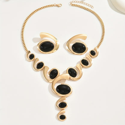 1 Set Boho Classic 2 pezzi Set di gioielli da donna, forma a spirale con intarsi di strass neri, collana a Y e orecchini, lega, versatile per l'uso quotidiano e per le feste