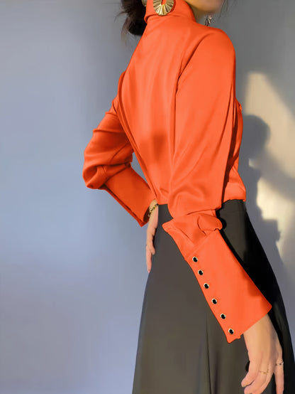 Maglia Casual Donna a Maniche Lunghe con Collo a Revers Tinta Unita