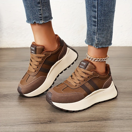 Scarpe da ginnastica invernali da donna con fodera in pile - Scarpe basse con lacci in pelle sintetica con design ricamato e suola spessa e morbida, ideali per un look casual e sportivo, scarpe da ginnastica invernali | Scarpe invernali alla moda | Suola