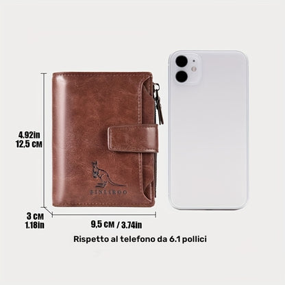 Portafoglio vintage da uomo in pelle PU con blocco RFID, portamonete e chiusura lampo sicura - Non intrecciato, tinta unita, interno in poliestere resistente