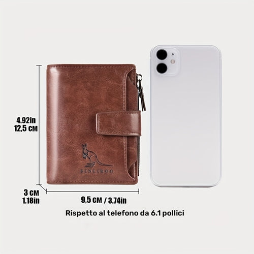 Portafoglio vintage da uomo in pelle PU con blocco RFID, portamonete e chiusura lampo sicura - Non intrecciato, tinta unita, interno in poliestere resistente