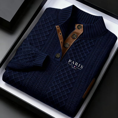 Maglione da uomo pesante in maglia 280g/m² - Blu navy e marrone, colletto con risvolto e bottoni, maglione invernale a maniche lunghe per clima freddo, ufficio, outfit casual - Regalo ideale per uomo, maglione, abbigliamento da ufficio, maglieria texturiz