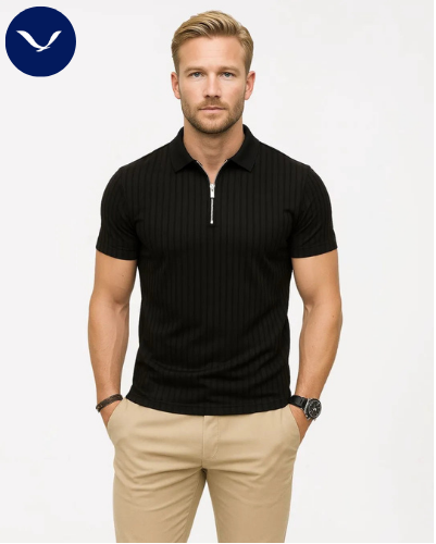 Men’s Navy Ribbed Zip Polo Shirt