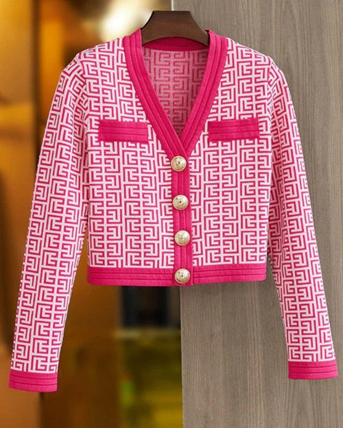 Pink Jacquard V-Neck Gold Button Sweater