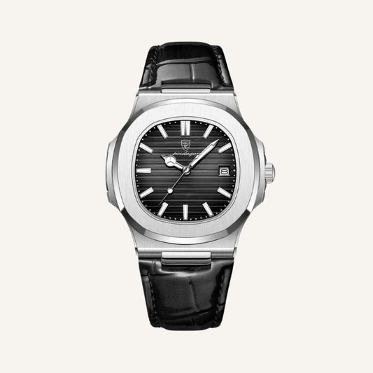 Men’s Silver Black Leather Prestige Watch
