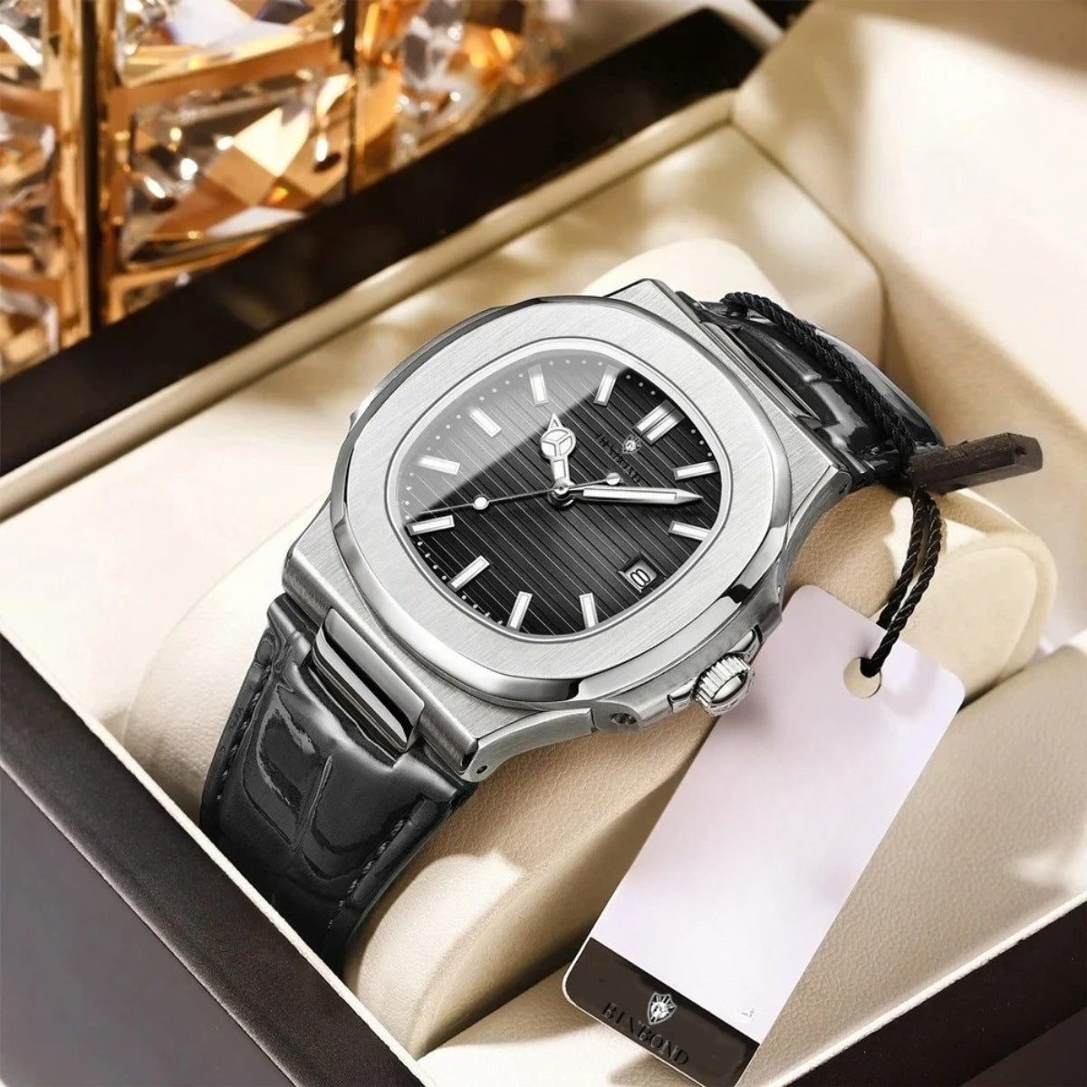 Men’s Silver Black Leather Prestige Watch