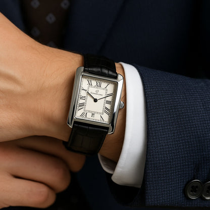 Men’s Rectangle Roman Numeral Leather Watch