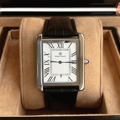Men’s Rectangle Roman Numeral Leather Watch