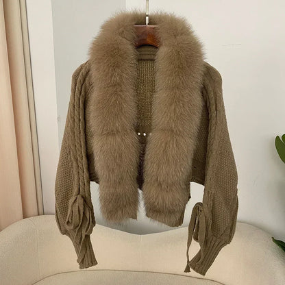 2024 Winter New Fashion Knitting Cardigan Placket Coat Women Casual Real Fox Fur Coat Short Warm Knitted Jacket with Natural Fur