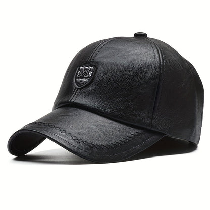 1 Cappello da baseball nero in pelle sintetica con visiera regolabile - Leggero, resistente e traspirante per attività all'aperto, viaggi, feste in spiaggia e abbigliamento casual, cappello da moda primaverile | Cappello da baseball regolabile | Equipaggi