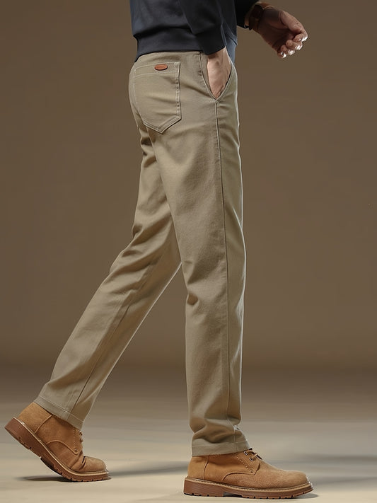 Pantaloni Casual Uomo in Cotone Pesante con Vita Elastica - Beige Tinta Unita, Gamba Larga e Passanti per Cintura, Morbidi Comodi da Inverno Ideali per Ufficio, Eventi Formali & Abbigliamento Quotidiano, Lavabile a Macchina (Lunghezza Regolare)