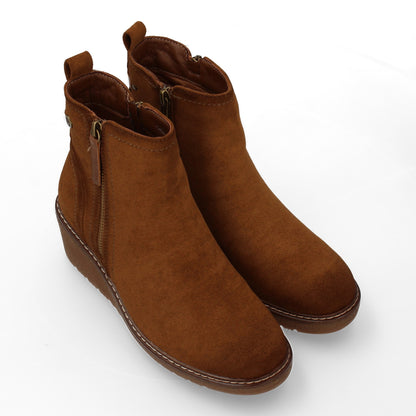 Stivaletto con Zeppa Donna, Design Comodo ed Elegante. Dettagli Cuciti con Chiusura a Cerniera e Linguetta Posteriore. Perfetto per Autunno e Inverno