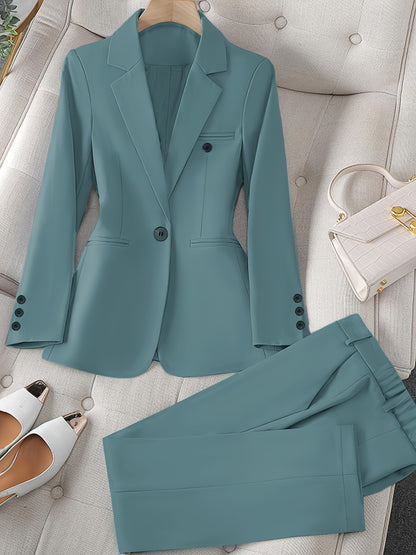 Women'S Casual Two-Piece Set, Stylish Business Solid Color Long Sleeve Suit Jacket and Pants Set, Polyester, Lapel Collar, Regular Fit, All Season, with Optional Handbag and Earrings, for Fashionable Workwear, Business Attire|Sleek Formal Attire|Polyester