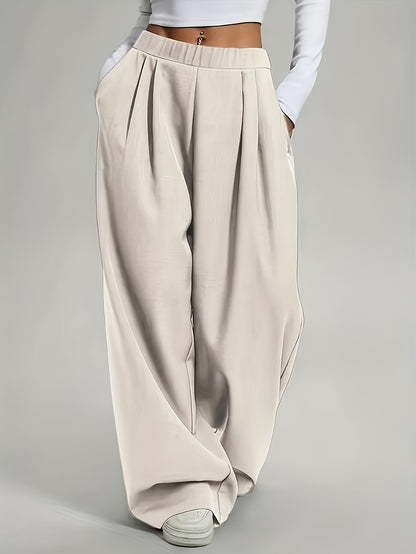 2 pezzi Pantaloni da donna eleganti a gamba larga tinta unita - Pantaloni ampi per tutte le stagioni con tasche, tinta unita e blu navy, abbigliamento casual e formale per tutte le stagioni