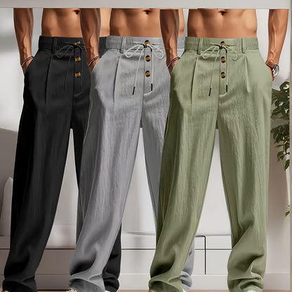 3pcs Pantaloni Casual in Lino Leggeri da Uomo - Vestibilità Rilassata Traspirante con Vita Elastica e Chiusura a Bottone, Tessuto Non Elasticizzato per Abbigliamento da Spiaggia Esterno, Comfort Tutte le Stagioni (Beige/Verde/Azzurro), Pantaloni da Spiagg