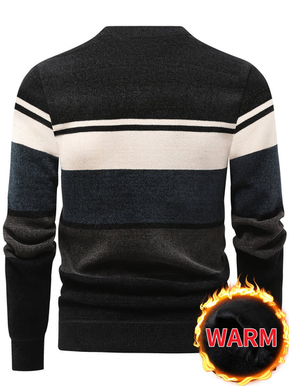 Maglione Invernale Termico Foderato in Pile Uomo Genghis - Design a Righe con Logo Lettere, Collo Tondo Maniche Lunghe, Lavabile in Lavatrice Taglio Regolare, Abbigliamento per il Freddo, Polsini e Orlo Costolati