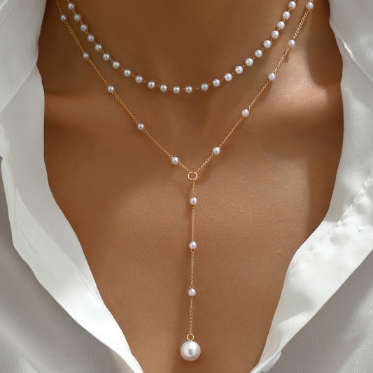 1pezzo Collier Elegante a Doppio Strato con Perle Finte e Fiocchi - Stile Vintage, Lega di Zinco, Conteggio di Perline Regolabile per Indossare Ogni Giorno e in Occasione, Accessorio per Tutte le Stagioni