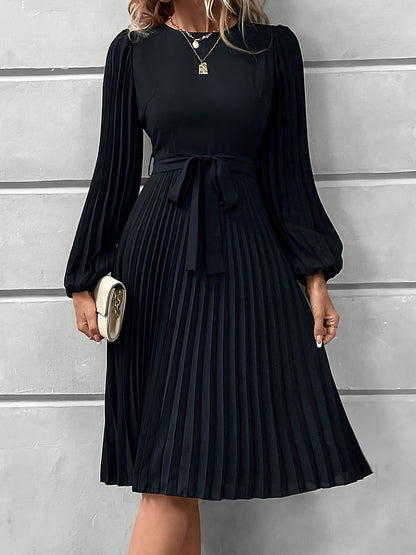 Women'S Elegant Formal & Everyday dress - Long Lantern Sleeves, Adjustable Waist Tie Belt, Flattering A-Line Silhouette, Knee-Length Party Wedding Office Outfit in - Easy-Care Women'S Clothing, Versatile Wardrobe Staple, Sophisticated Pleated Skirt, Durab
