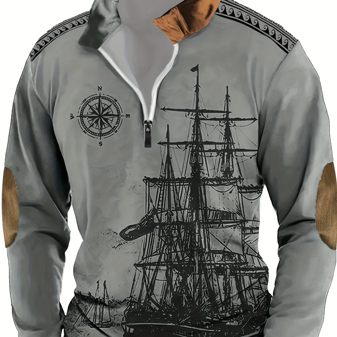 Maglietta polo a maniche lunghe con stampa di vela vintage per uomo, casual in poliestere 100% con maglia, vestibilità regolare con colletto a revers e zip, leggermente elasticizzata, 180 g/m² - Collezione autunnale