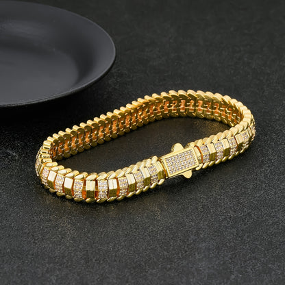 1pz ICEDCHICS Braccialetto Hip Hop 9mm Osso di Serpente Poligonale - Tonalità Dorata con Pietre Sintetiche Scintillanti, Gioielleria Unisex per Natale, San Valentino e Anniversari, Stile Catena Audace, Finitura di Alta Qualità