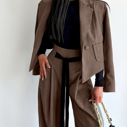 BK052044 Elegant Suit Jacket and Waist-Tie Loose Straight-Leg Wide-Leg Pants Women's Two-Piece Suit