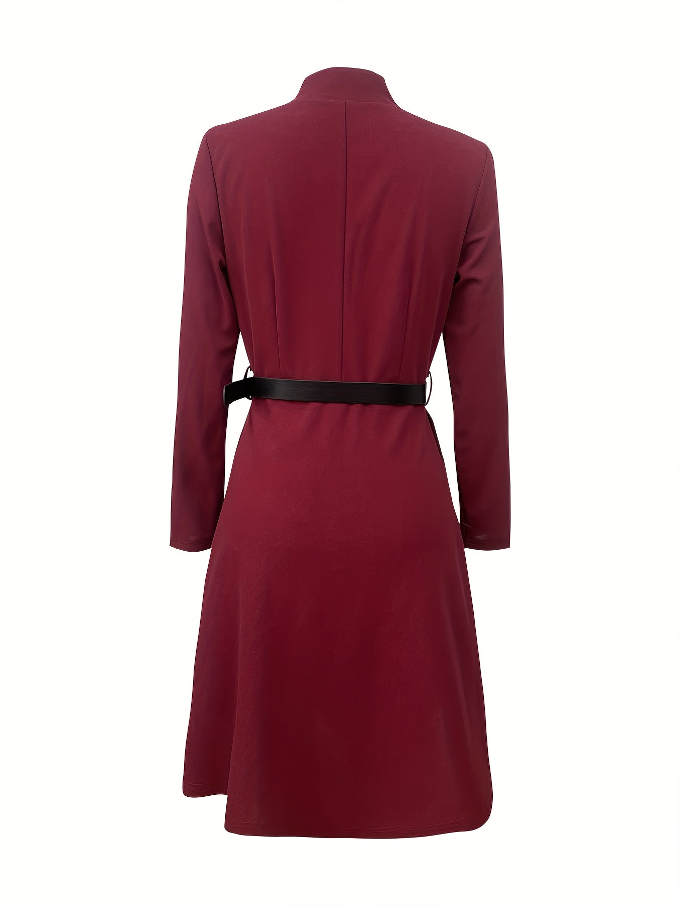 Women'S Elegant Office to Party Dress - Long Sleeve A-Line Formal attire with Belt, Structured Burgundy/Deep Red, for Business, Events, Everyday - Spring/Fall Women'S Clothing, Business Casual, Sophisticated Design, Polished Finish, Versatile Outfit, Prof