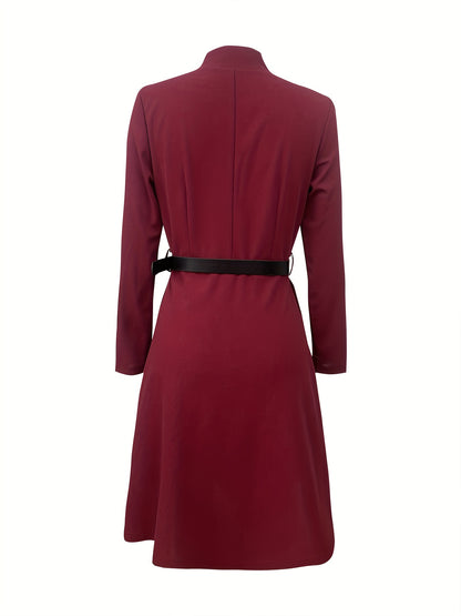 Women'S Elegant Office to Party Dress - Long Sleeve A-Line Formal attire with Belt, Structured Burgundy/Deep Red, for Business, Events, Everyday - Spring/Fall Women'S Clothing, Business Casual, Sophisticated Design, Polished Finish, Versatile Outfit, Prof