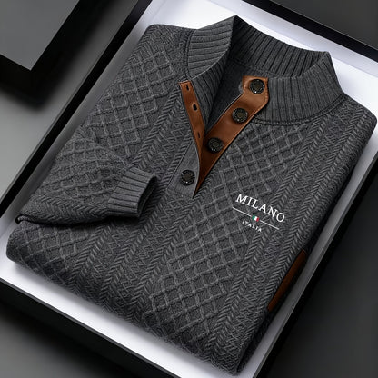 Maglione da uomo pesante in maglia 280g/m² - Blu navy e marrone, colletto con risvolto e bottoni, maglione invernale a maniche lunghe per clima freddo, ufficio, outfit casual - Regalo ideale per uomo, maglione, abbigliamento da ufficio, maglieria texturiz