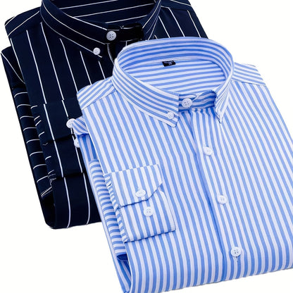 1+1pz Camicia Uomo a Righe con Maniche Lunghe - Colletto Casual, Tessuto Leggero, Ideale per Vacanze al Mare, Appuntamenti e Regali, Top Classico a Righe