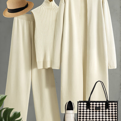 Set Invernale da Donna 3 Pezzi - Elegante Tuta Ispirata al Stile Coreano con Blazer a Collo, Pantaloni a Gamba Larga e Giacca | Lavabile a Mano per Ufficio e Semi-Formale, Beige/Marrone/Blu Navy/Taupe (Non Lavare a Secco)