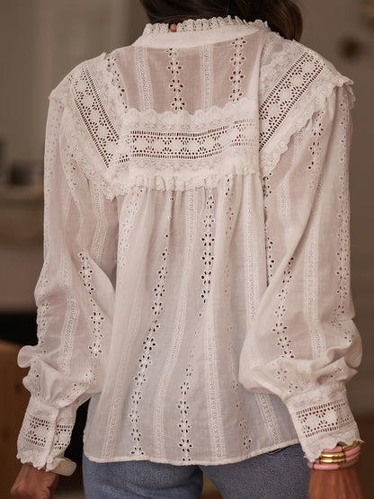 Women'S French-Inspired Elegant Long Sleeve Blouse with Lace Detailing - Round Neck, Button-Up Shirt in White, Perfect for Spring/Summer/Fall, Casual to Formal Wear, Casual Attire | Frenchinspired Blouse | Lace Detailing, Ladies Blouses