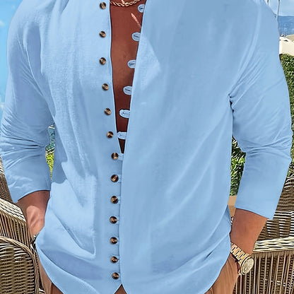 Maglietta Uomo Casual Retro a Maniche Lunghe con Collo Tondo e Bottoni, Regalo per Ramadan