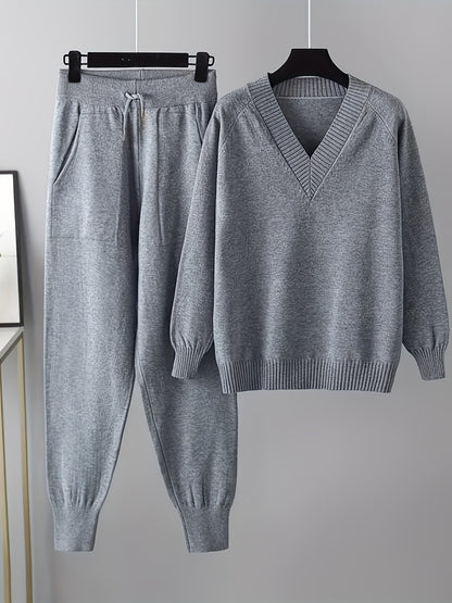 Set a due pezzi, maglione casual a maniche lunghe e pantaloni a V con scollo, senza cintura, lunghezza regolare delle maniche, pantaloni lunghi