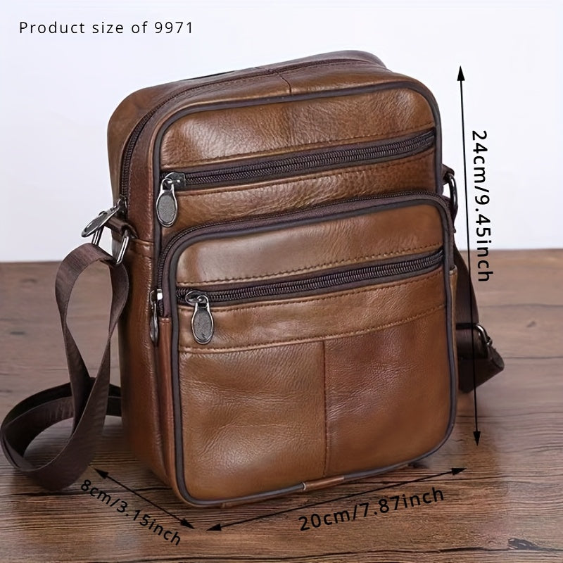 Linea Classic- Borsa a tracolla in vera pelle per uomo - Grande capacità, pelle bovina di alta qualità, marsupio marrone con texture
