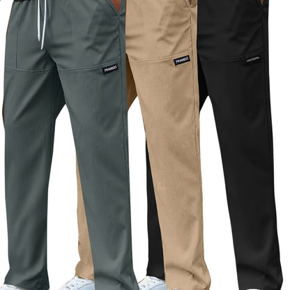 Set di 3 Pantaloni Casual da Uomo Leggeri - Gamba Dritta, Vita con Coulisse, Colore Unito (Nero, Grigio, Bianco), Abbigliamento da Lavoro Primavera/Estate, Lavabili in Lavatrice