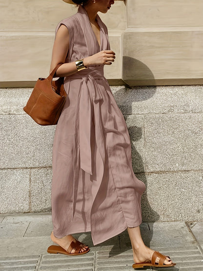 Solid Color Spring And Summer Linen Blend Sleeveless Dress with Pockets, Belt, And an Elegant French Style, Perfect for Vacations.