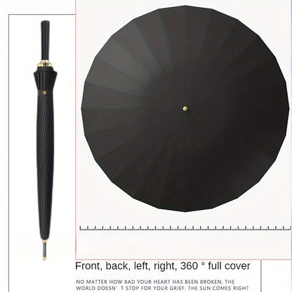 Ombrello a vento a 24 rib con manico lungo - Ombrello da golf e viaggio automatico, design nero resistente per uomini e donne, ideale per escursioni, golf e avventure all'aperto, attrezzatura da escursionismo, elegante close-up, apertura semiautomatica