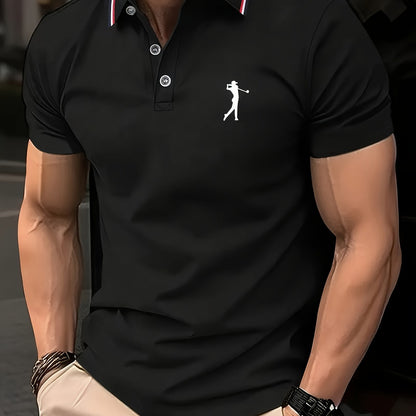 Maglietta da Uomo a Maniche Corte Bianca con Stampa Rosso per Golf, Colletto e Polsini a Righe, Tessuto Traspirante per Estate e Abbigliamento Casual, Lavabile in Lavatrice, Vestibilità Regolare