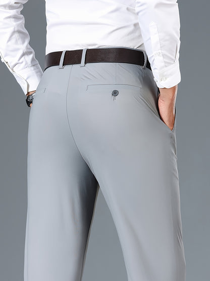 2025 Nuovi Pantaloni da Uomo in Tessuto Fibra Slicky Ice ad Alta Elasticità - tocco liscio, traspirante e elasticizzato, vestibilità regolare a vita media con dettagli di bottoni per ufficio e casual, comfort per tutte le stagioni, abbigliamento da uffici