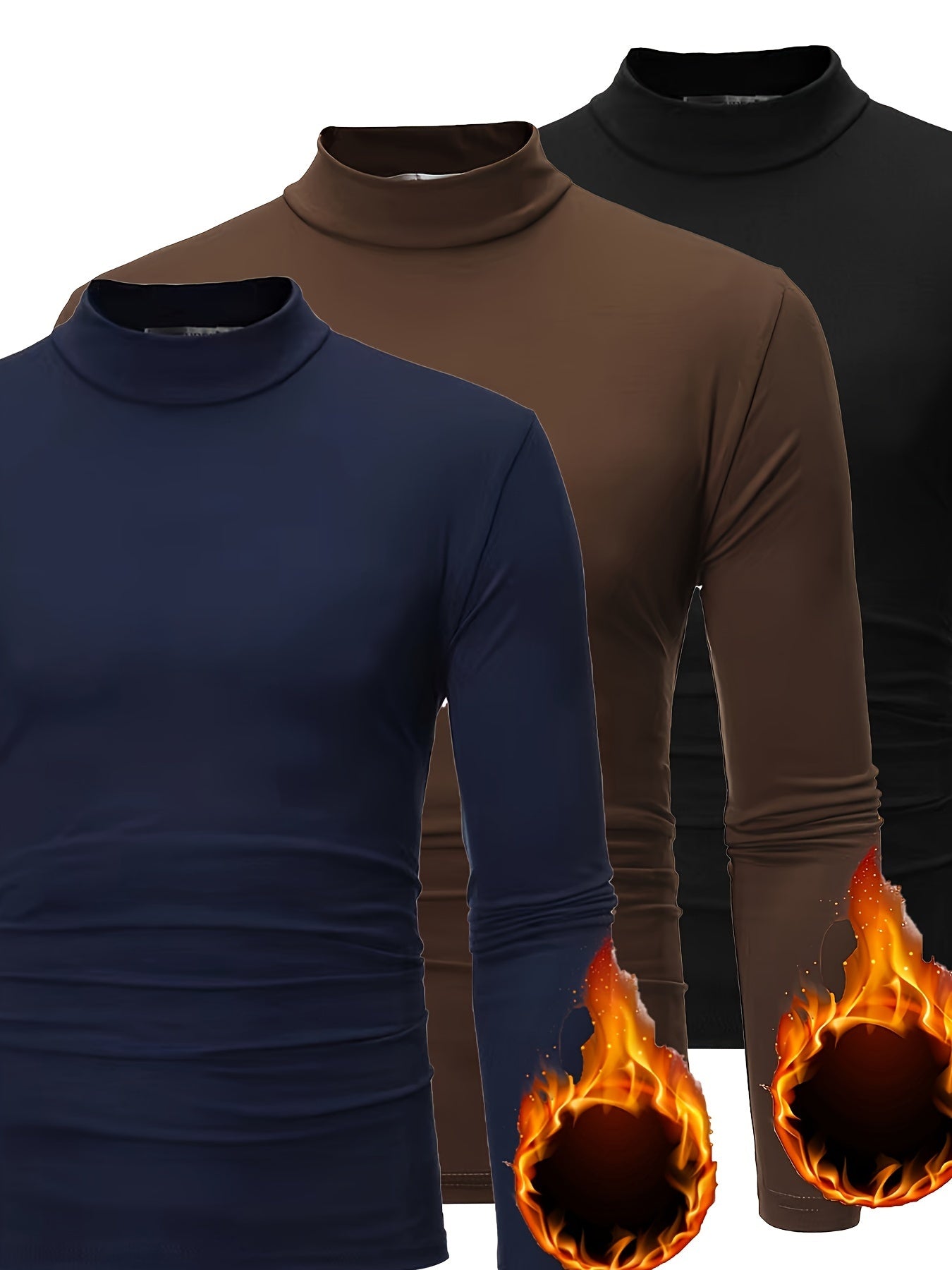 3pcs Camicie a maniche lunghe con collo alto in pile termica per uomo - Slim Fit Stand Collar Base Layer, Top casual invernali a tinta unita per strati, Bianco/Nero/Azzurro marino, Essenziali per il tempo freddo, Collo alto elegante, Camicia comoda