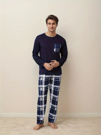 Set Pigiama Casual da Uomo - T-Shirt a Maniche Lunghe con Collo Rotondo & Pantaloni a Quadri, Misto Poliestere Morbido, Perfetto per la Primavera/Autunno
