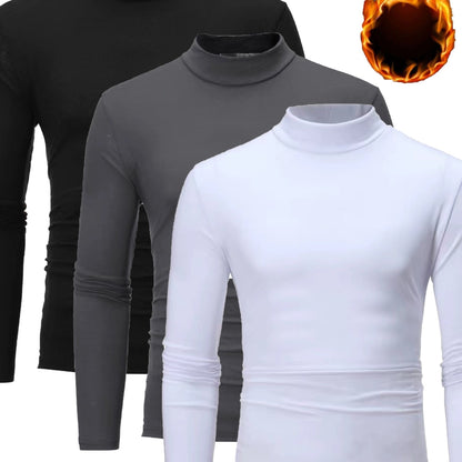 3pcs Camicie a maniche lunghe con collo alto in pile termica per uomo - Slim Fit Stand Collar Base Layer, Top casual invernali a tinta unita per strati, Bianco/Nero/Azzurro marino, Essenziali per il tempo freddo, Collo alto elegante, Camicia comoda