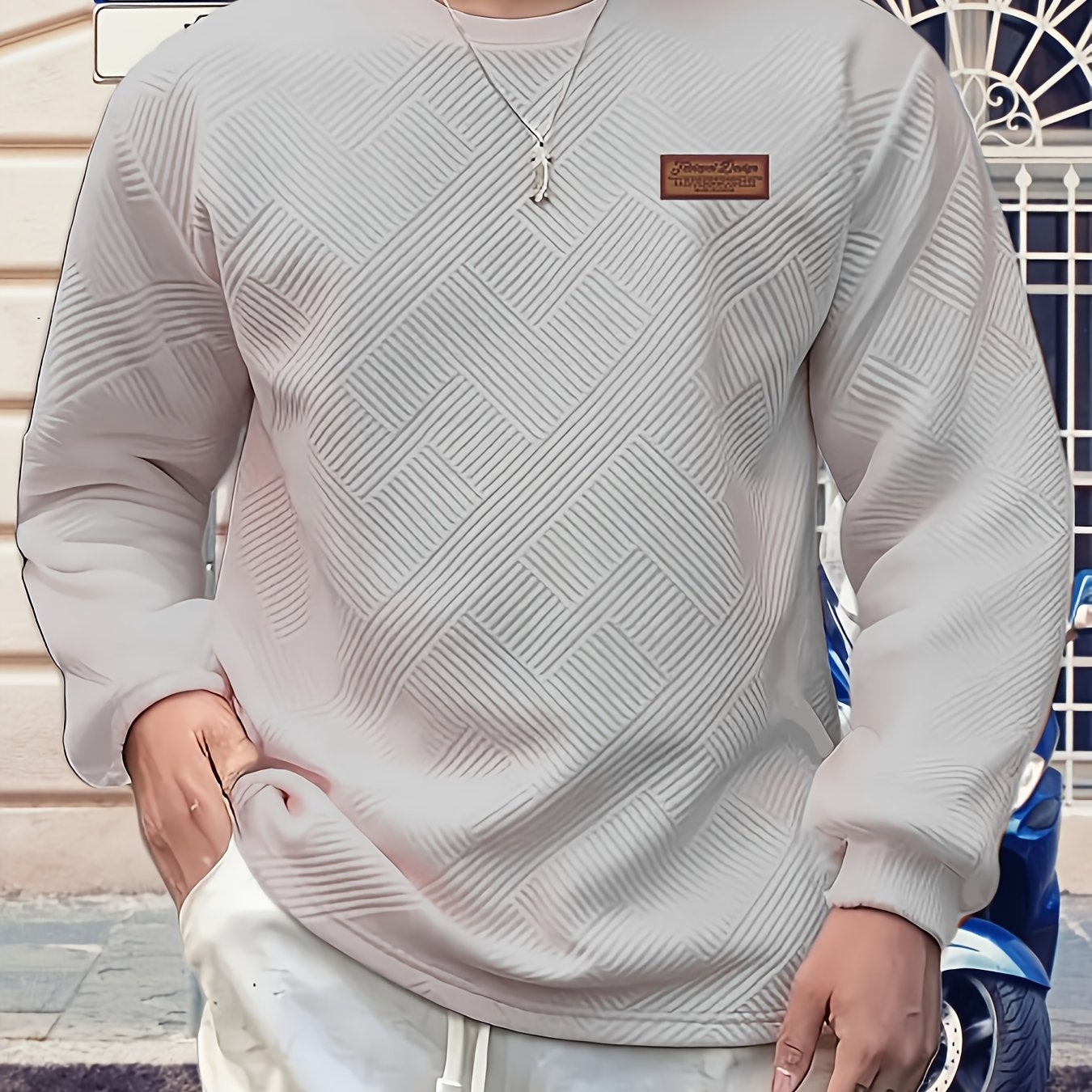 Maglione Uomo a Manica Lunga con Motivo Geometrico - Design Blu Vibrante e Nero, Taglio Regolare per Primavera/Autunno, Tessuto Comodo, Stile Casual, Cuciture di Qualità, Top Modaiolo, Abbigliamento Autunnale, Ideale per Giovani Adulti